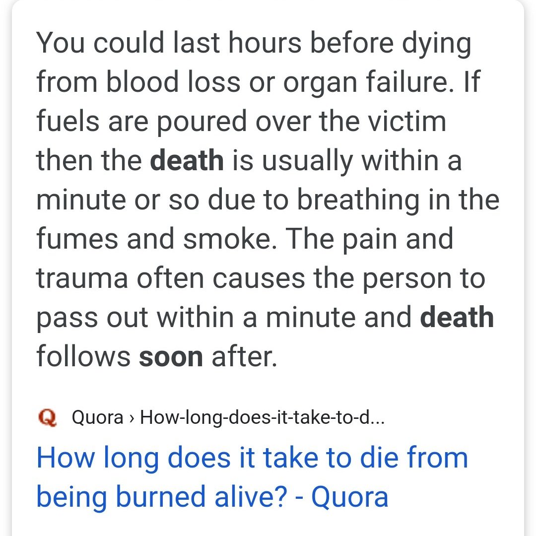 tw death , killing , violence , torturethe next thing i want to consider is the time it would have taken a victim to die. according to quora (which ik isn't exactly a reputable source but i'm lazy), it would only take minutes for a victim to die from the fumes if fuel is used