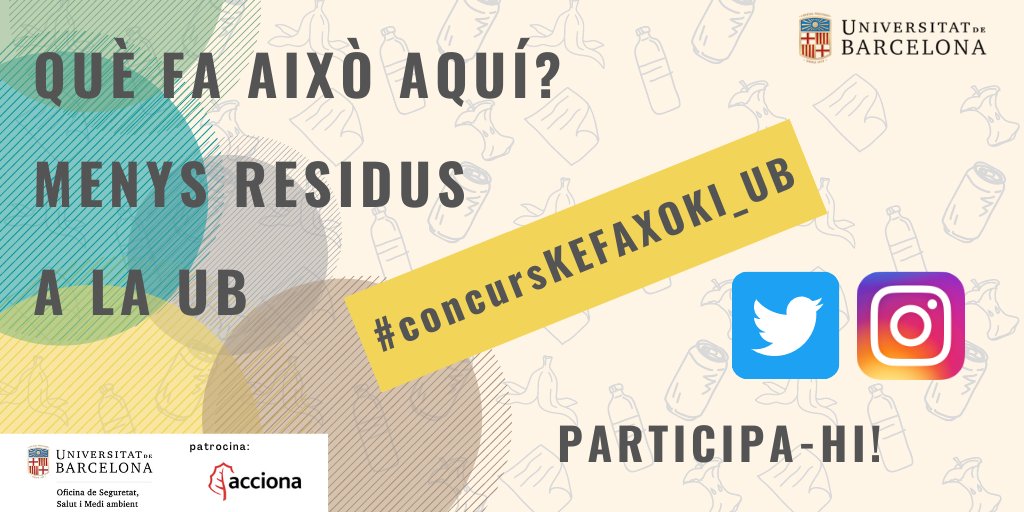 mediambient_UB's tweet photo. #ResidusUB | 🤳📸🎥 Tens Twitter o Instagram? Doncs ja pots participar en el #concursKEFAXOKI_UB sobre la #recollidaselectiva i la prevenció de #residus a la #UniBarcelona, i guanyar premis! 🗑️♻️
🗓️ Fins al 16 nov!
ℹ️ https://t.co/fLJ3WxhMU8
#reciclar #ResiduZero https://t.co/hvrAXgVA2P