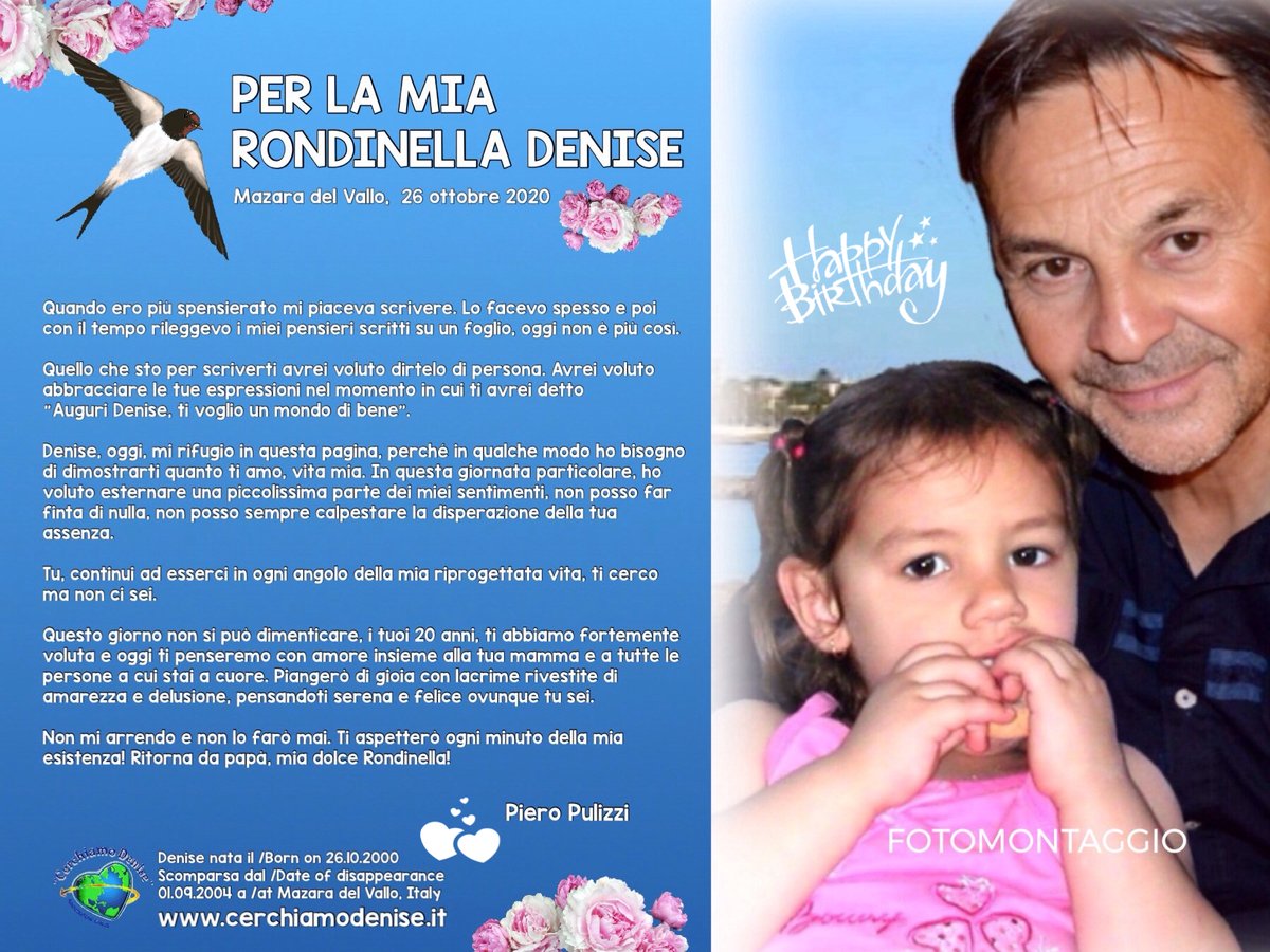 MissingDeniseMp's tweet photo. 🌹PIERO PULIZZI, PER IL GIORNO DEL COMPLEANNO DI DENISE, GLI SCRIVE UNA LETTERA

💞 PER LA MIA RONDINELLA DENISE
Mazara del Vallo, 26 ottobre 2020 - Compleanno di Denise
https://t.co/v3p2Husj9p

#Missing #DenisePipitone #CerchiamoDenise #Compleanno #HappyBirthday #Italia #rapita https://t.co/J0HBKnvRsp