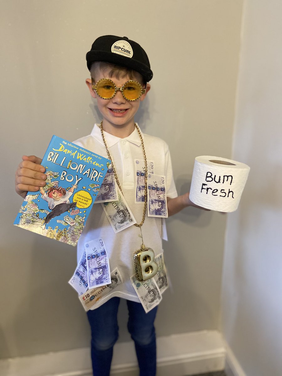 Emmajsharland86's tweet photo. @davidwalliams Evan dressed up as a Billionaire Boy.  We have had lots of giggles reading this book and chose it for love a book week in school💰💵🧻 #BumFresh https://t.co/SjJvi48P7E