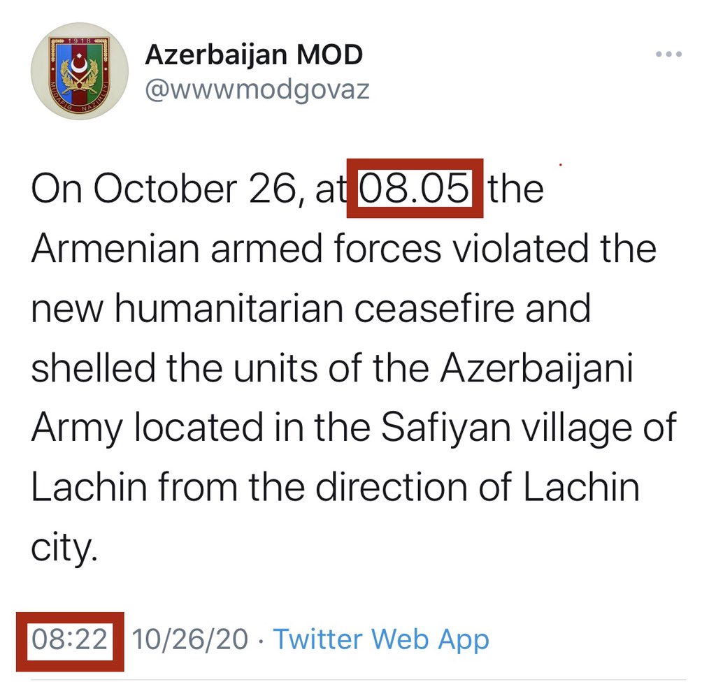 If the MoD of #Azerbaijan is tweeting at 08.22 that #Armenia violated the #ceasefire at 08.05, then Azerbaijan MUST explain to the 3rd party - #USA, how on earth could RIA come up with the news at 08.05, that Armenia has violated the ceasefire, by QUOTING the MoD.