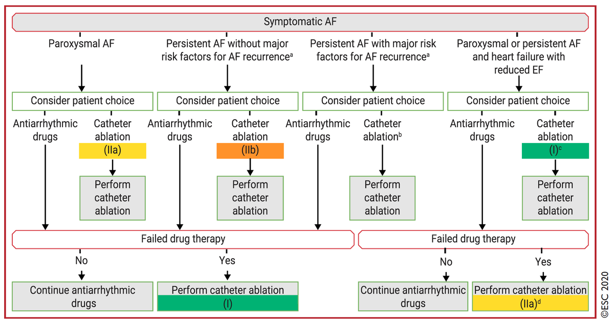 18/24Catheter ablation for symptomatic AF:It is recommended as line therapy in parox AF (IIa) and persist AF (IIb).Thanks to the latest data, it is now recommended in tachycardia-induced cardiomyopathy (I) and in pt with LVEF to survival and HF hospitalizations (IIa).