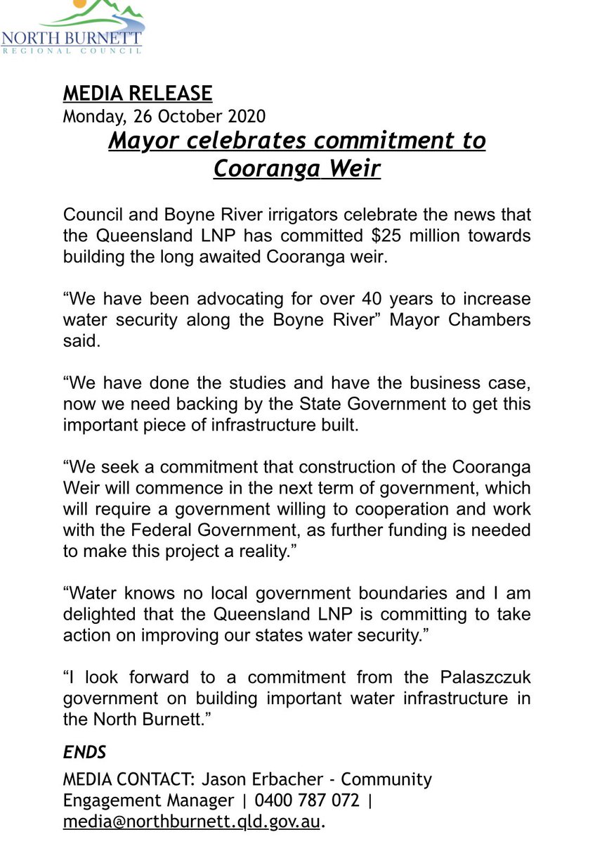 MayorNBQLD's tweet photo. 💧Boyne River Announcement💧

(Please note: When I say “we” it refers to the community as a whole, the irrigators as a group, the irrigators individually, economic development groups, universities, past and present politicians and past and present Councils). 

Thank you everyone! https://t.co/dxjkWwHYuu