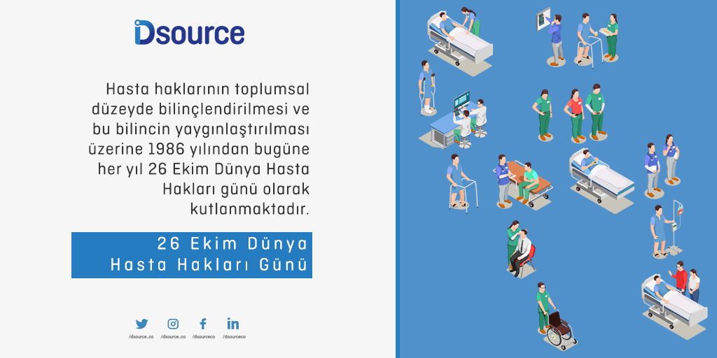 dsource_co's tweet photo. Hasta haklarının toplumsal düzeyde bilinçlendirilmesi ve bu bilincin yaygınlaştırılması üzerine 1986 yılından bugüne her yıl 26 Ekim Dünya Hasta Hakları günü olarak kutlanmaktadır.

26 Ekim Dünya Hasta Hakları Günü

#dsource #dijitaldönüşüm #26ekim #hastahaklarıgünü https://t.co/YGdXKED65s