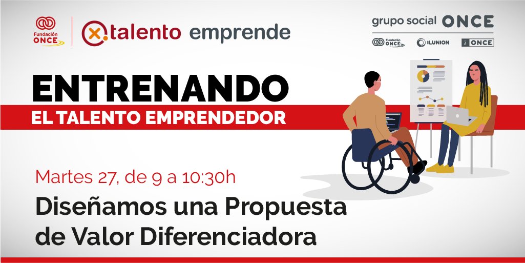 No olvides que seguimos con 'Entrenando el talento emprendedor', el ciclo de talleres online de Fundación ONCE para #emprendedores con #discapacidad.
Mañana hablaremos sobre 'Diseñar una propuesta de valor diferenciadora'.
✍️ Inscripciones en https://t.co/7kSFc7g2UX https://t.co/Qog05kGUFG