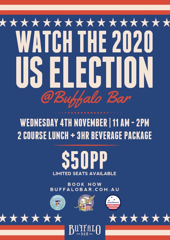 USwithAUS's tweet photo. 📣 Join us on 4 Nov at the #BuffaloBar in #Brisbane for a nail biter 😬 of a luncheon watching the #USElection2020 results role in...it doesn’t matter which way you lean - ALL WELCOME!!
#USwithAUS 🇺🇸🤝🇦🇺
ONLY 20 TIX LEFT - BOOK NOW: https://t.co/5mg7cC0VkR https://t.co/TZWJSiv5Sp