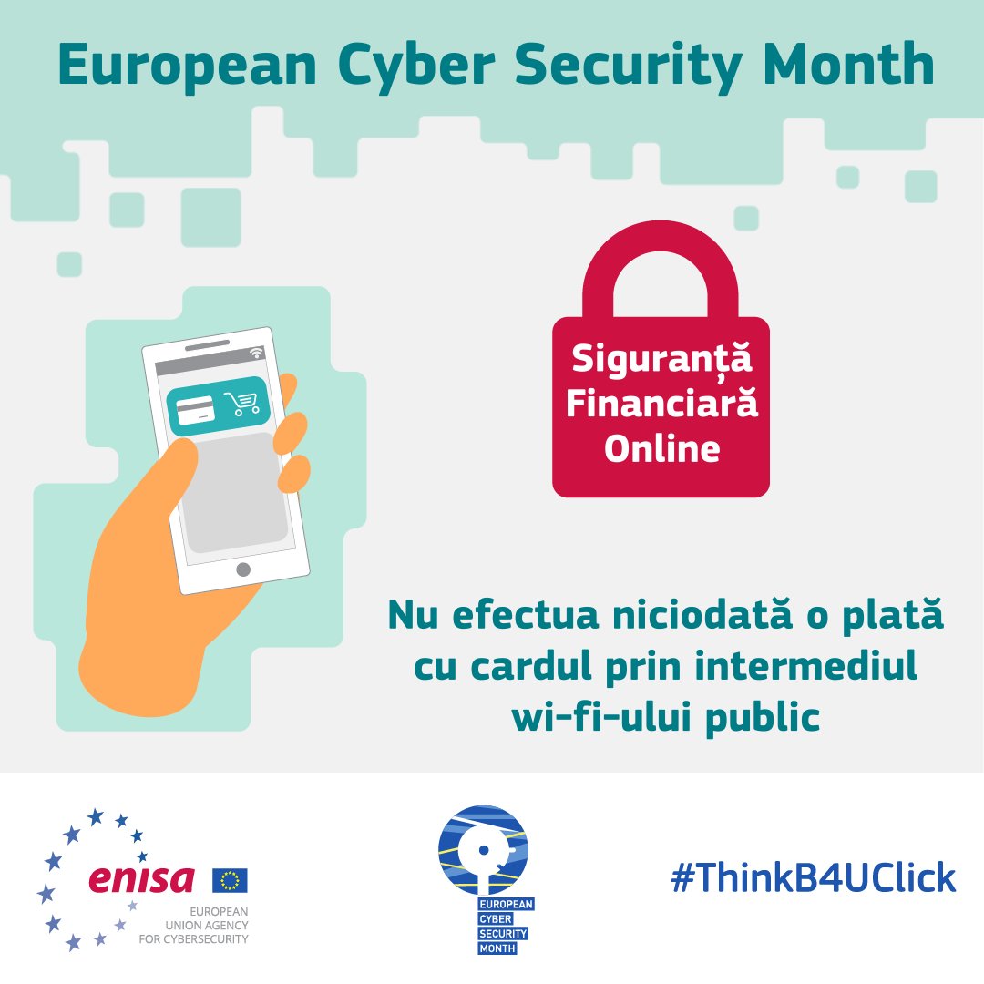 DNSC_RO's tweet photo. Evită rețelele de wi-fi publice, atunci când faci plăți online!
 
https://t.co/ZEGCkXh0wx

#CyberSecMonth #ThinkB4Uclick #DigitalSkills https://t.co/87LVns0GWj