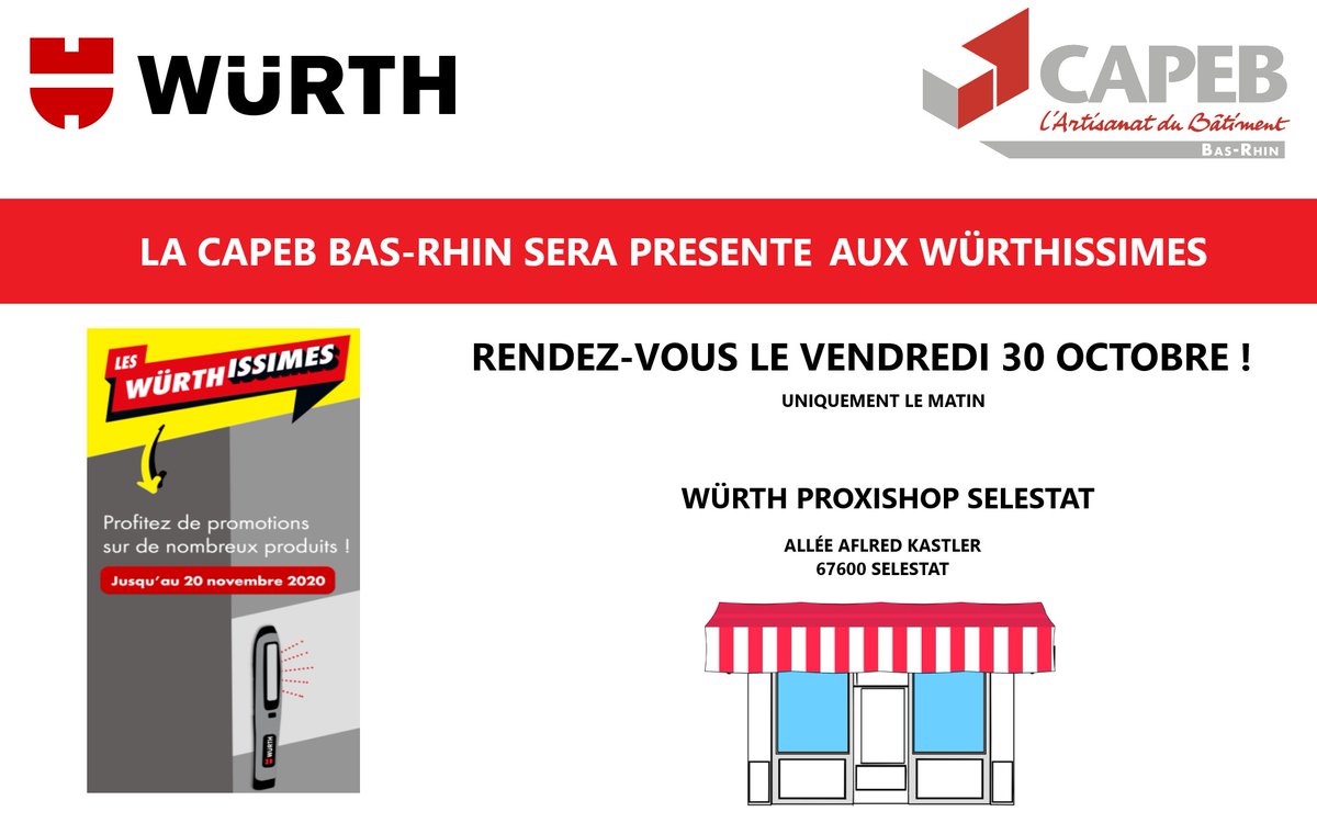 🅵🅻🅰🆂🅷 🅸🅽🅵🅾

La CAPEB BAS-RHIN sera présente aux #WÜRTHISSIMES

Artisan du bâtiment, nous sommes là pour répondre à vos questions ! Alors rendez-vous le vendredi 30 octobre matin au Proxishop de Sélestat !

#batiment #artisanat