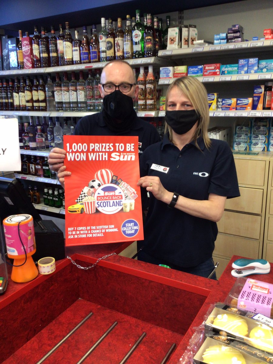 ClaireNewsuk's tweet photo. Want to win The Sun for a whole year? This is just one of over 1,000 prizes up for grabs with @ScottishSun campaign. Pick up your loyalty card from Tracy-Anne and James G101 #drumchaple 🗞🗞#BounceOffChallenge @NewsUKRetail @Chris_HughesNUK https://t.co/4AEzg6bgqt