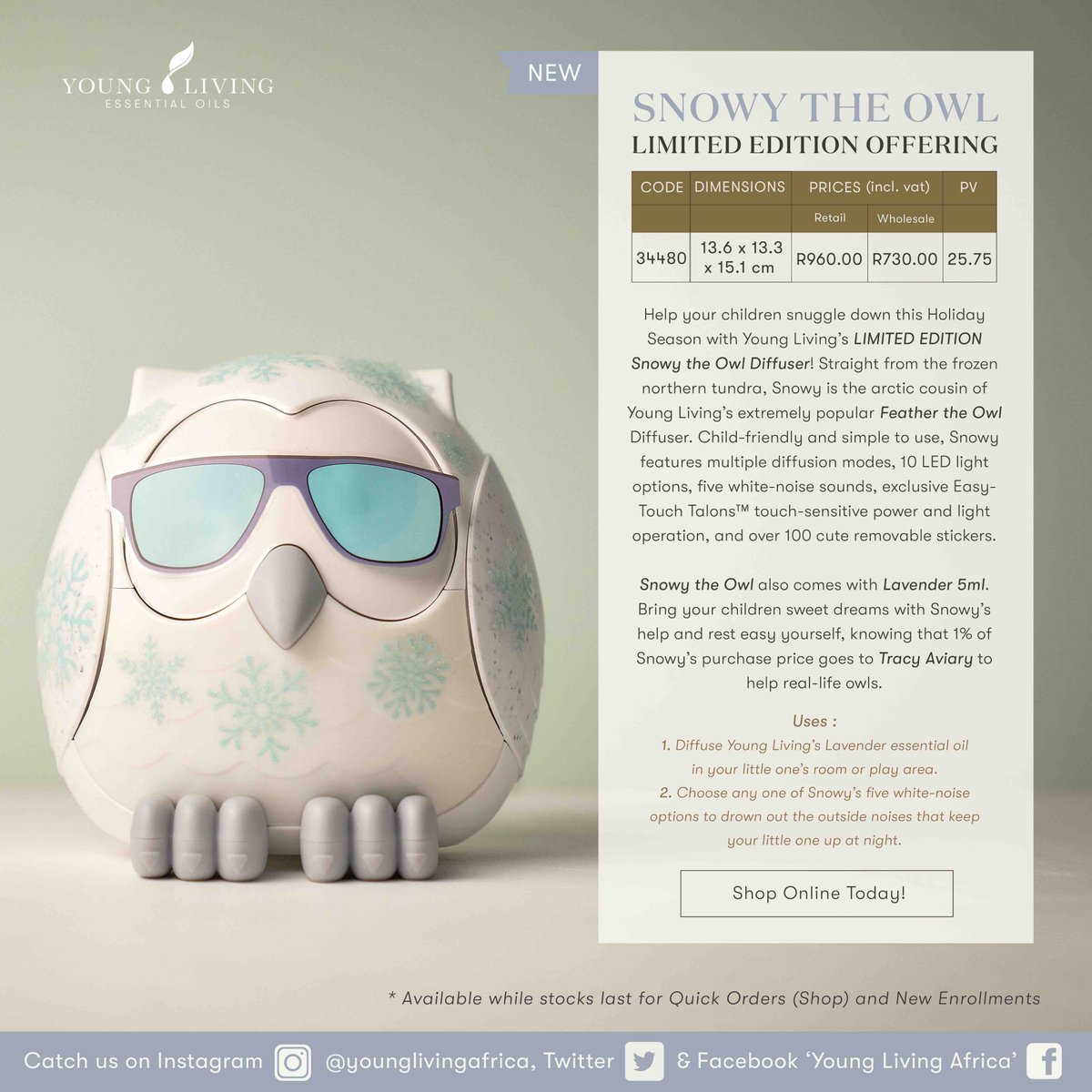 YoungLivingAF's tweet photo. ❄️❄️We're celebrating our first birthday with Snowy The Owl ❄️❄️
Get your hands on Snowy The Owl at 12:00PM today.
With over 100 stickers and a FREE Lavender 5ml Essential Oil who wouldn't want this amazing diffuser? 🍃
#YLAfrica #ONE2020 #YLAfricaTurnsOne https://t.co/kKilPQXCGP