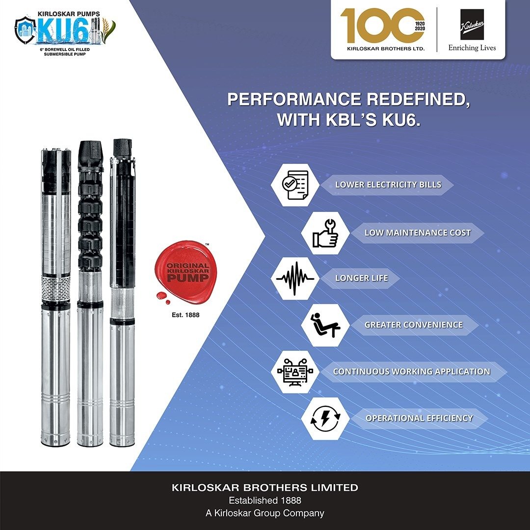 KBLPumps's tweet photo. The #KU6 borewell oil-filled submersible pump ensures higher-efficiency at lower cost. It performs effectively in farmhouses and bungalows, residences and industries. It can be used in sprinklers, drip systems and firefighting systems. #KirloskarBrothersLimited #KBLPumps #KBL https://t.co/l77KwFn0FT