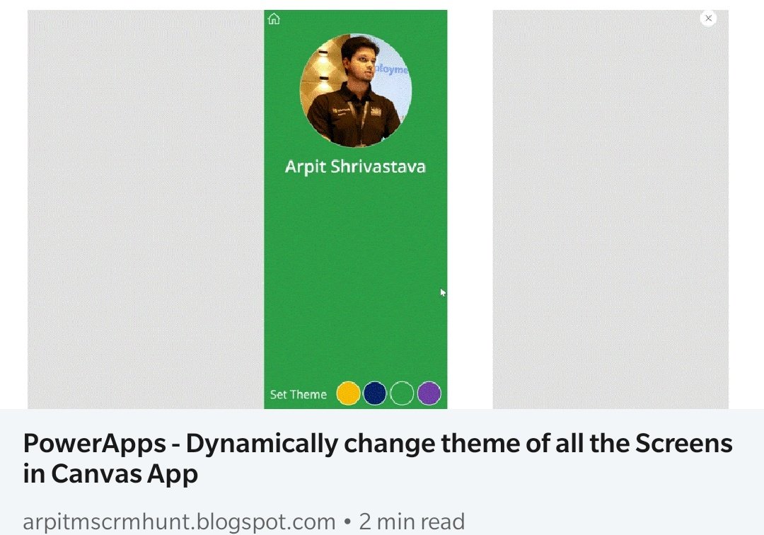 arpitsdynamic's tweet image. 💪 Power Guide Tip 20 ✍️

PowerApps - Dynamically change theme of all the Screens in Canvas App

arpitmscrmhunt.blogspot.com/2020/10/powera…

#PowerGuide #PowerPlatform
#ThinkDynamicDoDynamic #365Saturday #PowetCommunity
