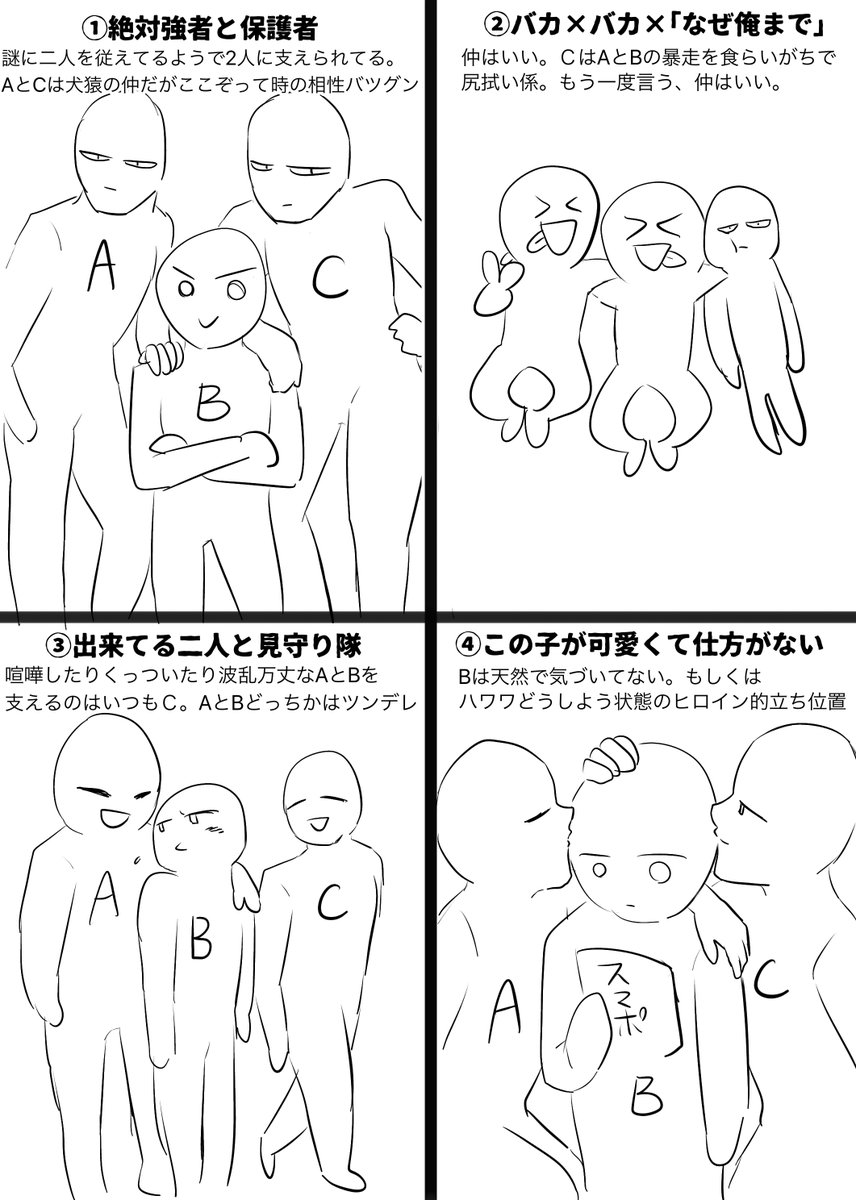 既出かもですが、個人的好きな3人組の関係性まとめました。みなさまどれが好きですか 