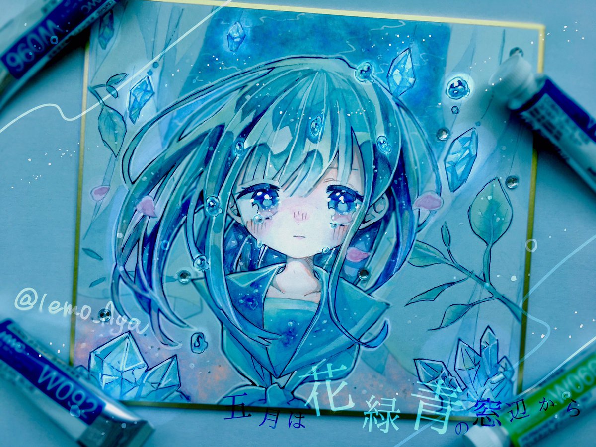 1girl traditional media solo looking at viewer tears blue eyes sailor collar  illustration images