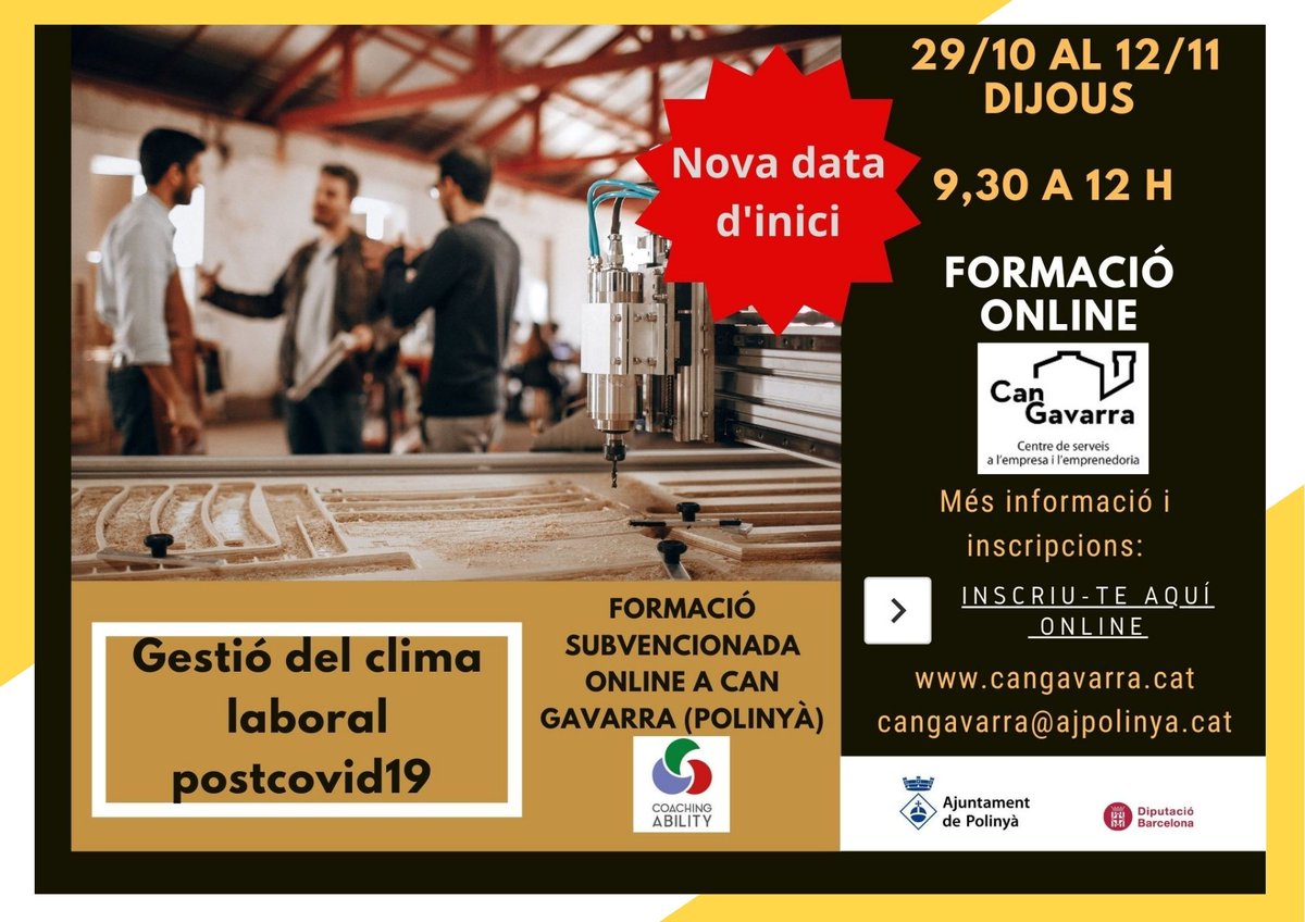 CanGavarra's tweet photo. Canvi de data! Formació online a @CanGavarra @AjPolinya 

📗 Gestió de clima laboral postcovid
📆 29/10, 05/11 i 12/11
🕛 9,30 a 12 h 
👩‍🎓@CoachingAbility 
📝Inscripcions: https://t.co/Pq5MJld2nV

#rrhh #cursos #formacion #coaching https://t.co/3T37Tz4xNp