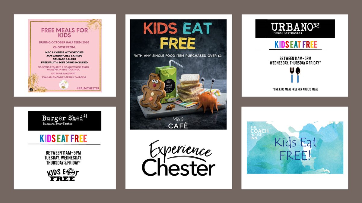 Kids eat FREE across #Chester city centre this half term <a href="/coachhousehotel/">The Coach House</a> <a href="/urbano32chester/">Urbano32</a> <a href="/burgershed41/">BurgerShed41</a> <a href="/chester_palm/">Palm Chester</a> and <a href="/marksandspencer/">M&S</a>  experiencechester.co.uk/special-offers/ #ChesterTogether #eatinchester <a href="/VisitChester_/">Visit Chester</a> <a href="/Chester01244/">Chester Visitor Information Centre Shop</a>