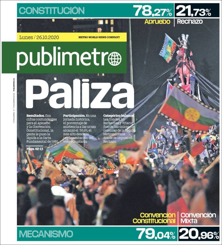 ojodelmedio's tweet photo. Así amanece la prensa chilena tras un día histórico.
Portadas de ElMer, LT, LUN y Publimetro. https://t.co/Bet06skd8n