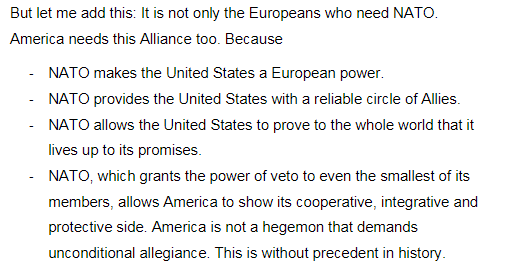 "America is not a hegemon that demands unconditional allegiance. This is without precedent in history." Pinch me, because I am clearly dreaming