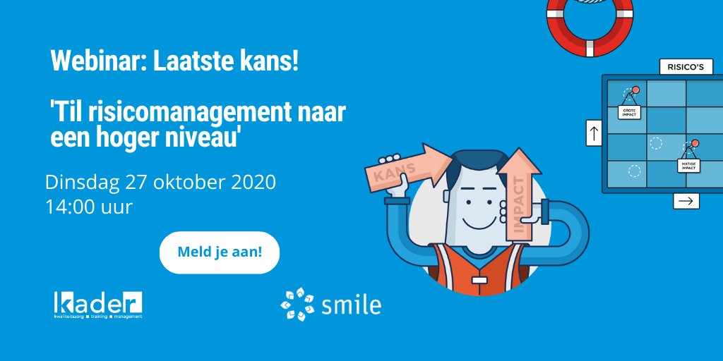 OntdekSMILE's tweet photo. Morgenmiddag 14:00 geven Smile en @Kader_advies een gezamenlijk webinar over #risicomanagement. Met een integrale aanpak blijf je continu verbeteren! Als je snel bent is er nog een plekje voor je beschikbaar voor ons live #webinar. Meld je gratis aan via: https://t.co/v94MO7EvU9 https://t.co/z1P2neGkE6