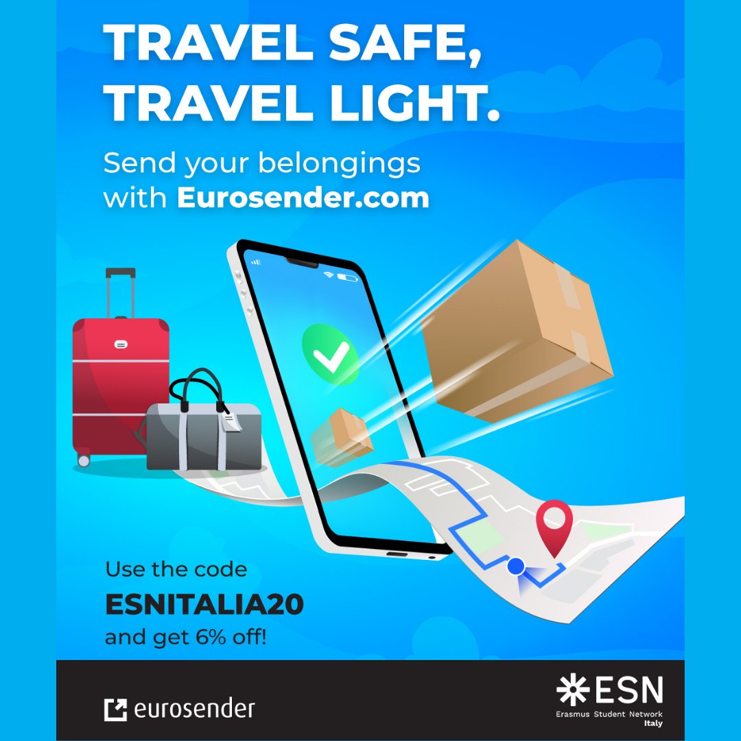 ESNTrento's tweet photo. We are proud to announce that we have renovated our partnership with @Eurosender 📦  for another year! Travel safe and light, use code ESNITALIA20 to get an extra 6% discount! 💸
Visit: https://t.co/1RXTW4DIzc

#THISisESN #ESNItaly #WeAreOne #ErasmusGeneration #Eurosender https://t.co/JUf4vOtdzJ