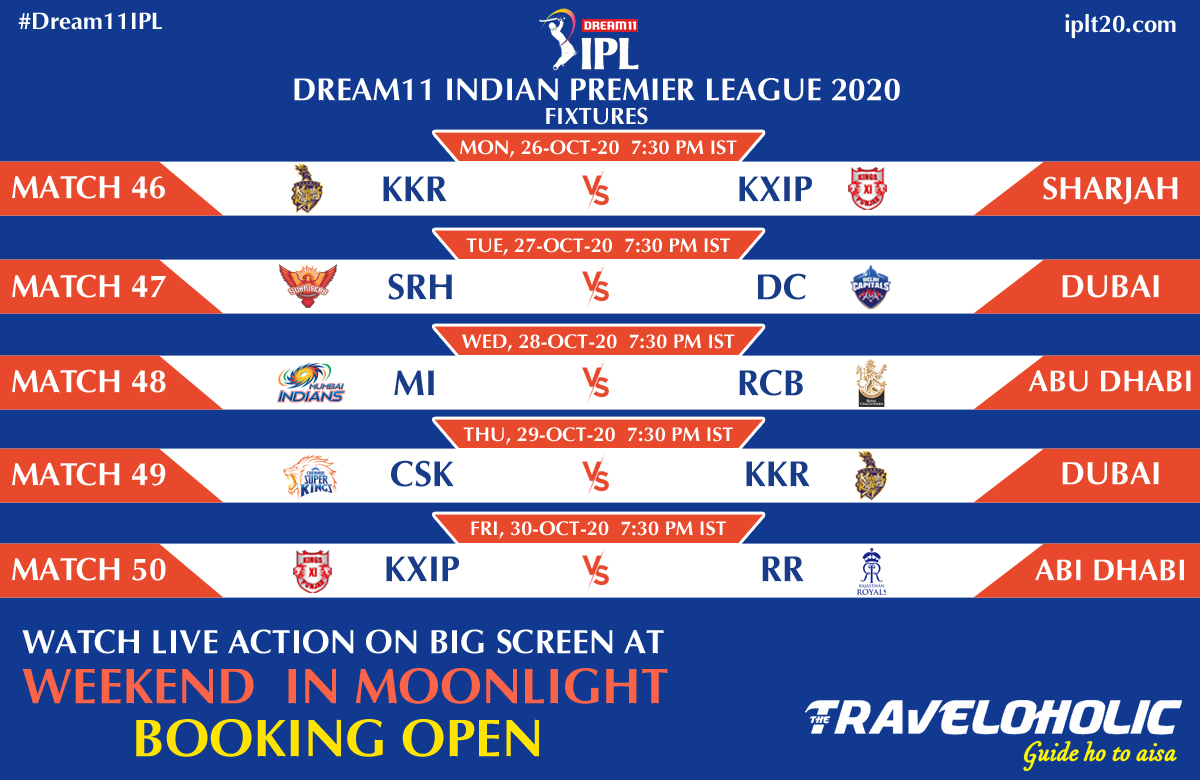 TraveloholicThe's tweet photo. This Week Matches in Dream11 IPL 2020
Watch These Match live on Big Screen
Book your Seats at Weekend in Moonlight
For Booking call or whatsapp at 9991916464
#ipl2020 #ipl #IPL2020UAE #IPL2020Updates #IPLT20 #IPL2020Live #weekendinmoonlight #thetraveloholic https://t.co/CPvQVLx520