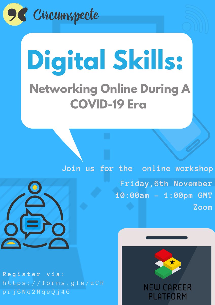 Circumspecte_'s tweet image. 💫Need to brush up on your online #networking skills? Join us on November 6 for this free webinar and workshop delivered by #DigitalSkills trainer @jabdulai in partnership with @GNBCC_. 

Sign up soon, limited seats available 👉🏾 forms.gle/X1UVMndn22yqbM…

#ThriveWithDigital #Ghana