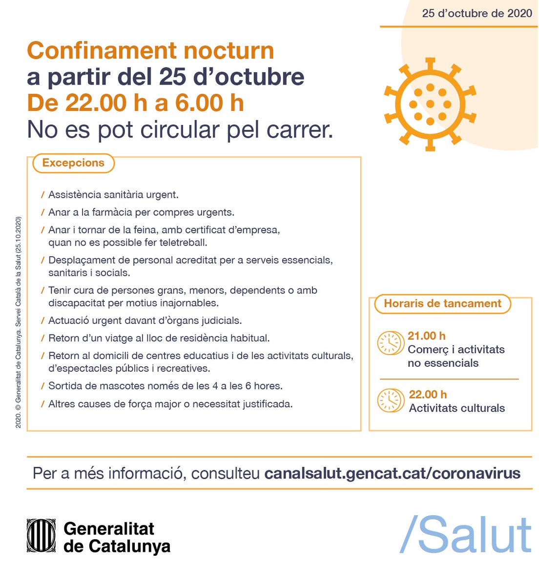 Covid19 | ‼️ Ahir va entrar en vigor el confinament nocturn per contenir els brots de la COVID-19.

🚫 De 22h a 6h no et pot circular pel carrer.

#Valls #Covid19