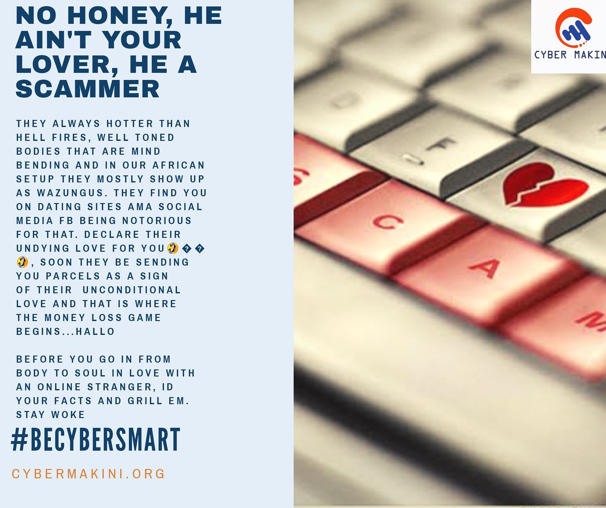 CyberMakini's tweet photo. Beware of romance scams, before riding limos in the air for this new hottie that inboxed you, research them, be careful the kind of information you share online and if it sounds too good to be true, abort mission. Don't be a victim. #BeCyberSmart #OnlineSafety #internetsafety https://t.co/zzf1MLppH9