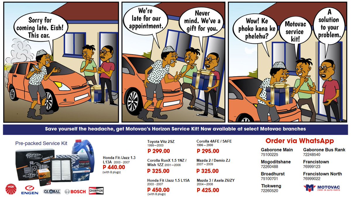 motovac's tweet photo. Botswana
Ga e duma ka Horizon Service Kit, ya tsamaya !! #Motovac is happy to introduce Pre-packed Horizon Service Kits.

Motovac Pre-packed Horizon Service Kits are now available at selected stores and for selected cars only.

Stay safe &amp; skip the line by ordering via whatsapp. https://t.co/hGInzqt95d