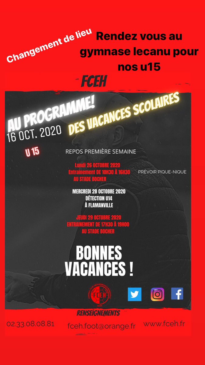 FCEH6's tweet photo. ⚠️ Changement de lieu stage u15

On se donne rendez vous au gymnase lecanu pour cette journée, au vue des conditions climatiques 😉

🔴⚪️ https://t.co/71ZTxFdqSP