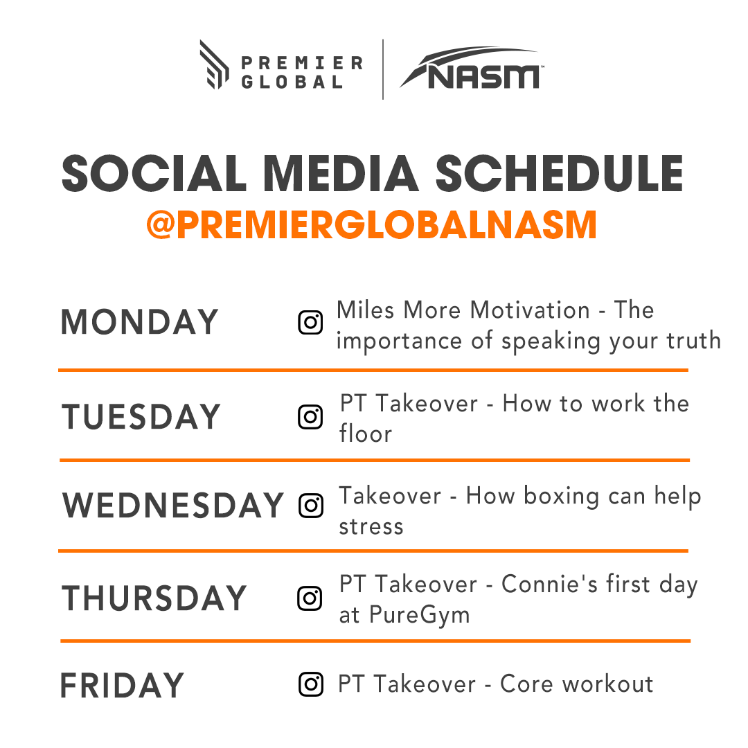PTInternational's tweet photo. Good morning. Here is our social media schedule for this week!
#GuestPTTakeover #PTTakeover #PT #SocialMediaScheduale #PersonalTrainer #PersonalTraining #PremierPT #Fitness https://t.co/aGKLUy5UEO