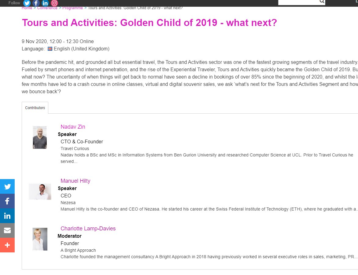 Looking forward to my next moderating job, talking to these smart people about the future for #Tours and #activities  - technology will play a major part in sector's recovery. w/ <a href="/nezasatravel/">Nezasa</a> <a href="/hiltym/">Manuel Hilty</a> <a href="/travelcurious1/">Travel Curious</a> at <a href="/Travel_Forward_/">Travel Forward</a>  <a href="/WTM_London/">World Travel Market (WTM) London</a>  November 9Th. Are you in?