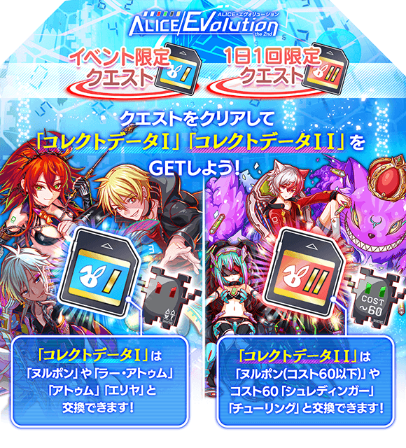 クラッシュフィーバー公式 クラフィ Alice Evolution The 2nd 交換所 では 今回のイベントユニットや各種強化素材や各色のヌルポン 交換所 では チューリングやシュレディンガー ヌルポン コスト60以下 等と交換が可能 期間中の交換を忘れず