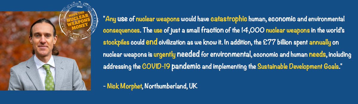 Thank you <a href="/NickMorphet/">Nick Morphet</a> for reminding us that the 77 billion pounds spent annually on nuclear weapons is urgently needed to address the #COVID19 pandemic and implement the #sustainabledevelopmentgoals.