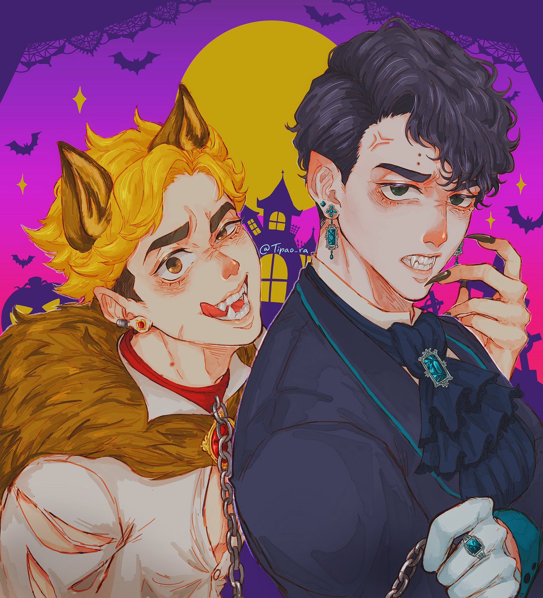 Tipao_ra's tweet photo. [REPOST]
Wolf!Atsumu &amp; Vampire!Sakusa muehehehe. I’m sorry if this triggering you something.. 
bisa dibilang ini juga karena mau halloween jadi aku buat ini hehe

“Too..close!” —OmiOmi

#Haikyuu #haikyuufanart #ArtistOnTwitter #sakuatsu #SakusaKiyoomi #MiyaAtsumu #halloween https://t.co/KFRmFwEfDD