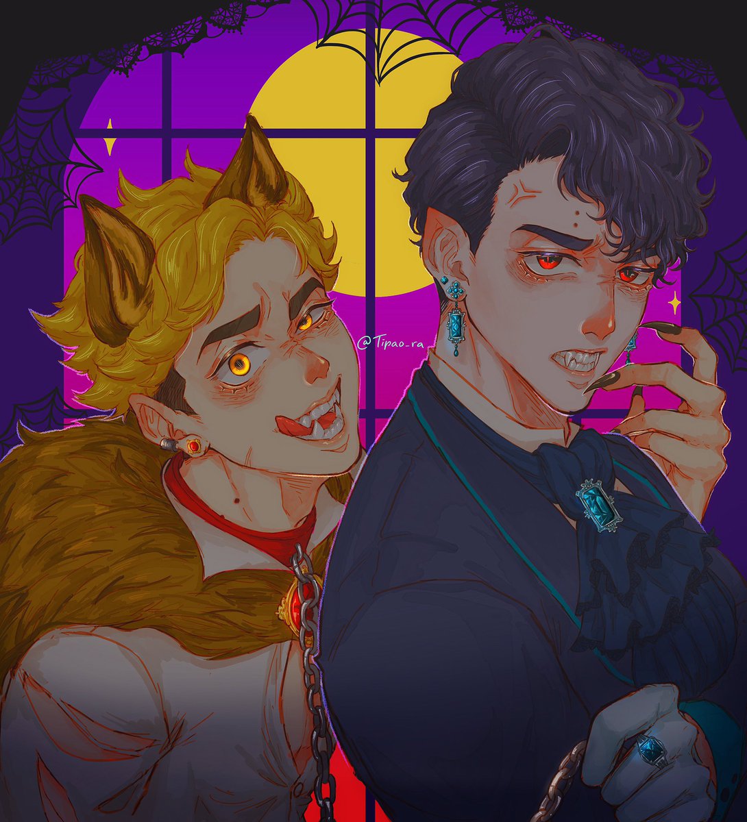 Tipao_ra's tweet photo. [REPOST]
Wolf!Atsumu &amp; Vampire!Sakusa muehehehe. I’m sorry if this triggering you something.. 
bisa dibilang ini juga karena mau halloween jadi aku buat ini hehe

“Too..close!” —OmiOmi

#Haikyuu #haikyuufanart #ArtistOnTwitter #sakuatsu #SakusaKiyoomi #MiyaAtsumu #halloween https://t.co/KFRmFwEfDD