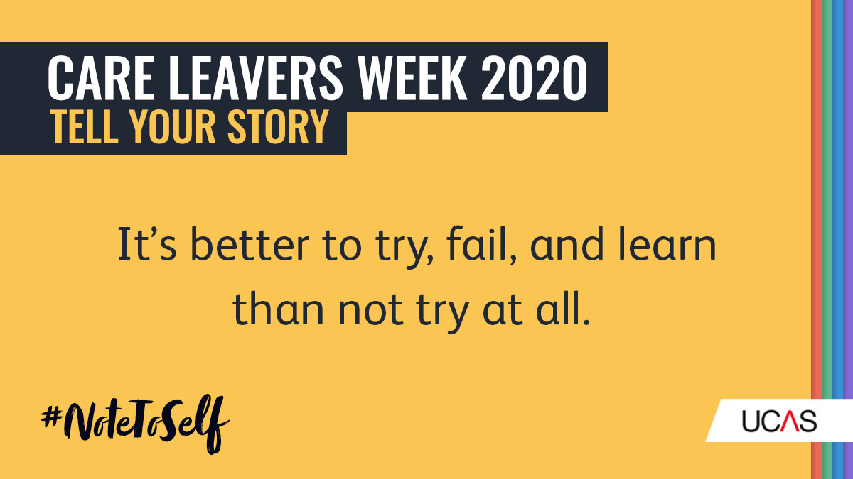 ucas_online's tweet photo. Everyone's story is different and we all have something to learn. 

As part of National Care Leavers Week, we would like you to tweet a note of encouragement or advice that you wish you had when you were younger. 

Use #NoteToSelf to have your note shared. 

#NCLW2020 https://t.co/T0pxA7Rnv3