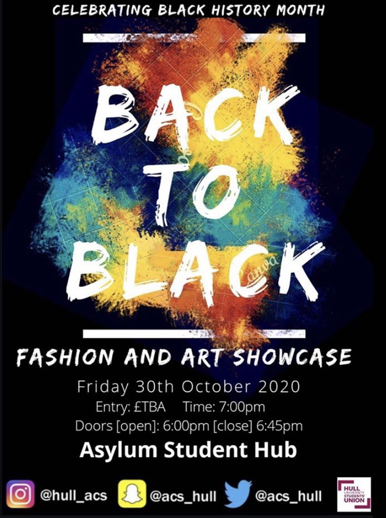 ⭐️TICKETS NOW ON SALE!⭐️

As part of Black History Month, ACS are hosting a fashion and art showcase in Asylum this Friday!

Tickets are on sale now, and can be found here: bit.ly/3dXXVAd