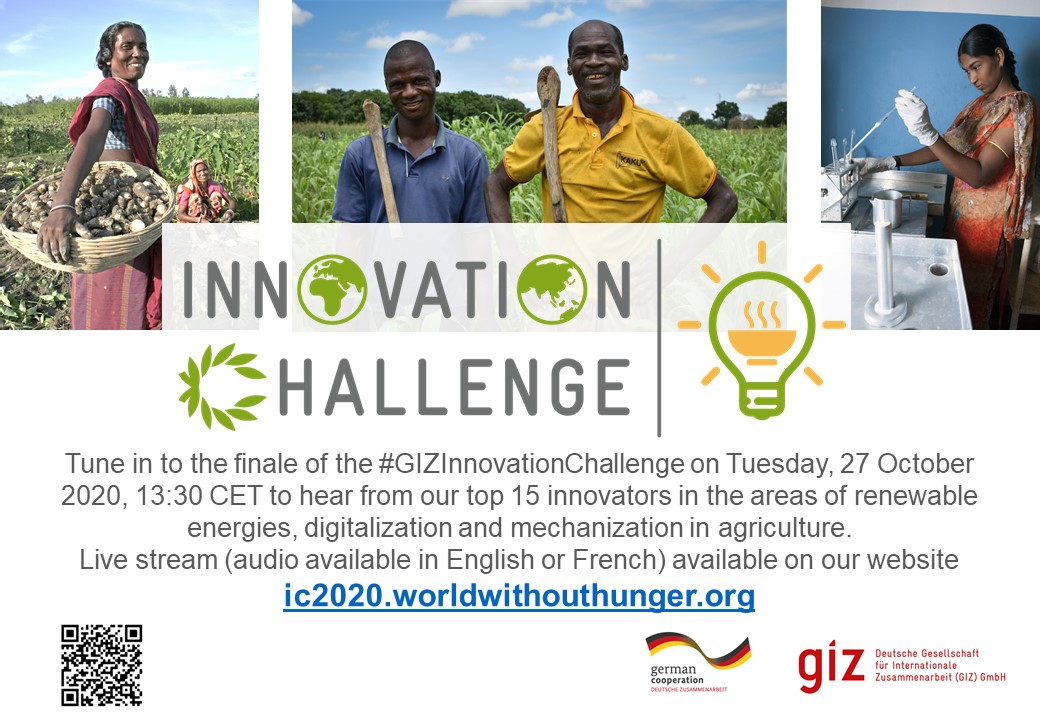 Livestream 📽️: Tune in to the finale of the #GIZInnovationChallenge on Tuesday, 27 October, 13:30 CET! Watch the top 15 innovators present their ideas that contribute to a more efficient and sustainable agricultural sector 👉🏽 weltohnehunger.org/innovation-cha… #SDG2