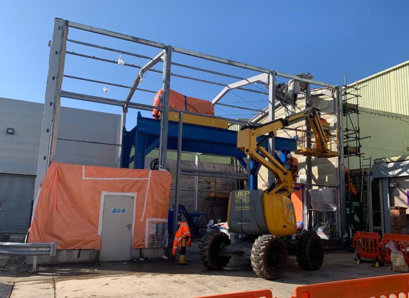 The fuel element debris facility at #Berkeley Site has undergone some modification work to allow it to handle two types of waste package - ductile cast iron containers and concrete boxes. The outer skin of the building was removed to work on the crane and gantry areas.