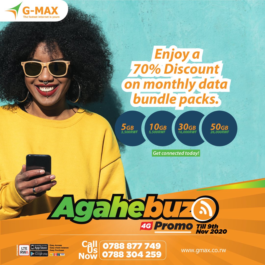 GMaxRwanda's tweet photo. G-Max gives you the best browsing experience @ the lowest price in town. Enjoy a 70% #discount on your monthly bundle packs.  😊
#Agahebuzo #4Gforall #4GBundlePacks #Gmax https://t.co/3MSn2X7PsG