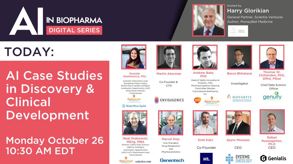 AIinBiopharma's tweet photo. Taking place today! 

Join us for: AI Case Studies in Discovery and Clinical Development. An all interview format, hosted by @HGlorikian means you will not hear the same presentation you might have heard at another event. 

It’s not too late, register now: https://t.co/qCw3i6hRSB https://t.co/ZE7k9cOLcI
