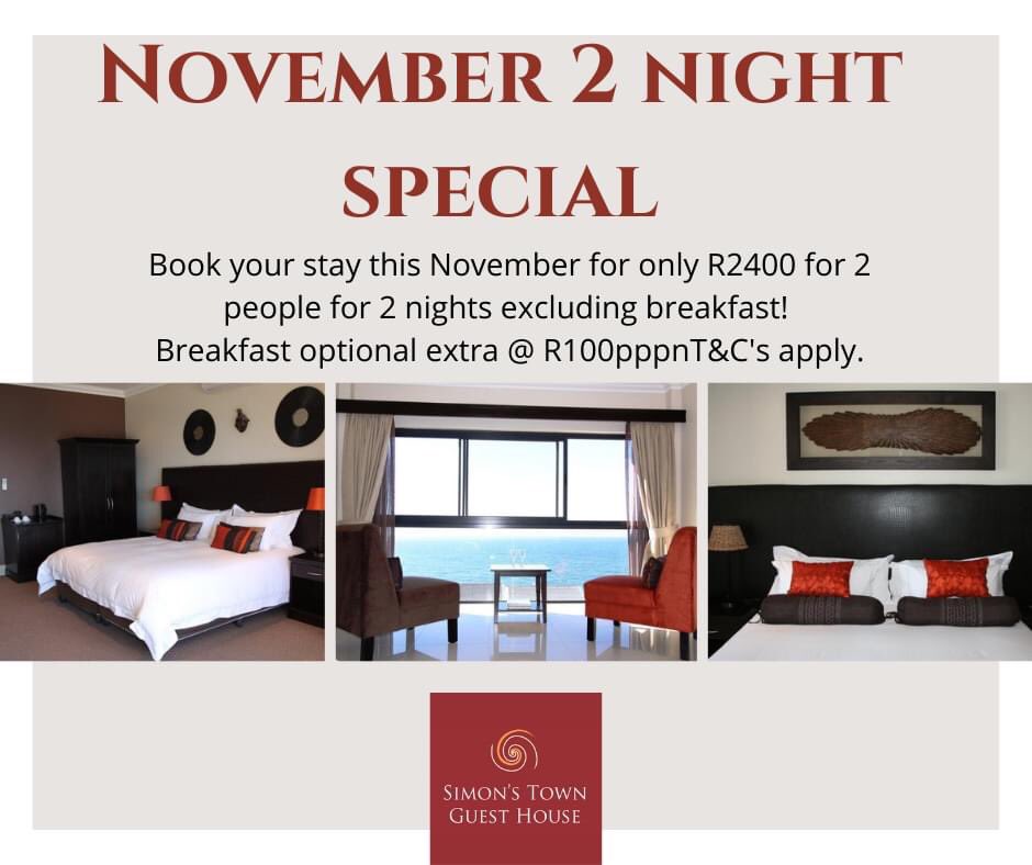 For the month of Nov we are running a 2 night #special for 1 or 2 people sharing a room excluding breakfast for R2400 in total. 
*All rooms except the Shawu luxury suite.
Valid for stays 1 Nov-30 Nov 2020.
Breakfast an optional R100 pp.
simonstownguesthouse@gmail.com
0217865552