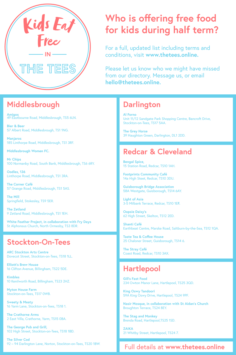 Kids Eat Free In The Tees

👇 Please Share 👇

Businesses across the Tees are pulling together to feed vulnerable children this half term after the Government ruled out extending free school meals beyond term time.

Here's a list of some of the places confirmed so far: