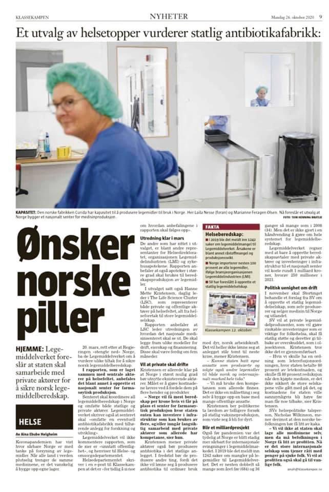 CuridaNO's tweet image. Klassekampen skriver i dag om nasjonal legemiddelproduksjon. Curida mener løsningen er et offentlig-privat samarbeid der myndighetene benytter eksisterende fabrikker.