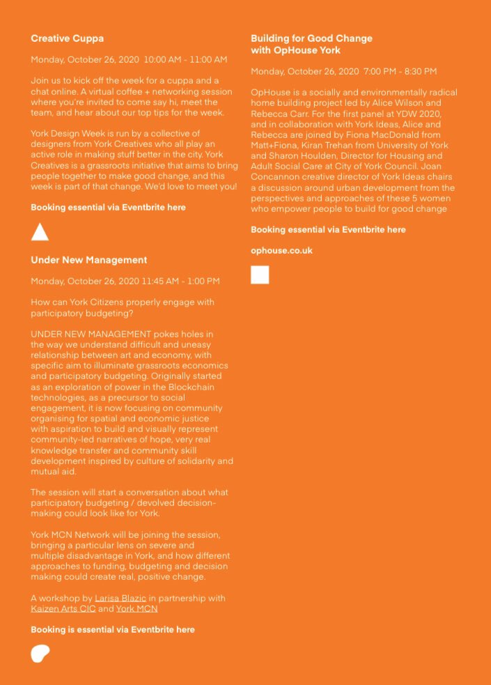 yorkdesignweek's tweet photo. YDW2020 starts today. 

Monday!

10.00 @YorkCreatives Cuppa

11.45 @wheel_o_values and @YorkCVS Under New Management 

19.00 @ophouse_york Building

🌱 All day GeoDome @MuseumGardens  

Full programme: https://t.co/kI5Mje9f8X https://t.co/zaeExJF3RO