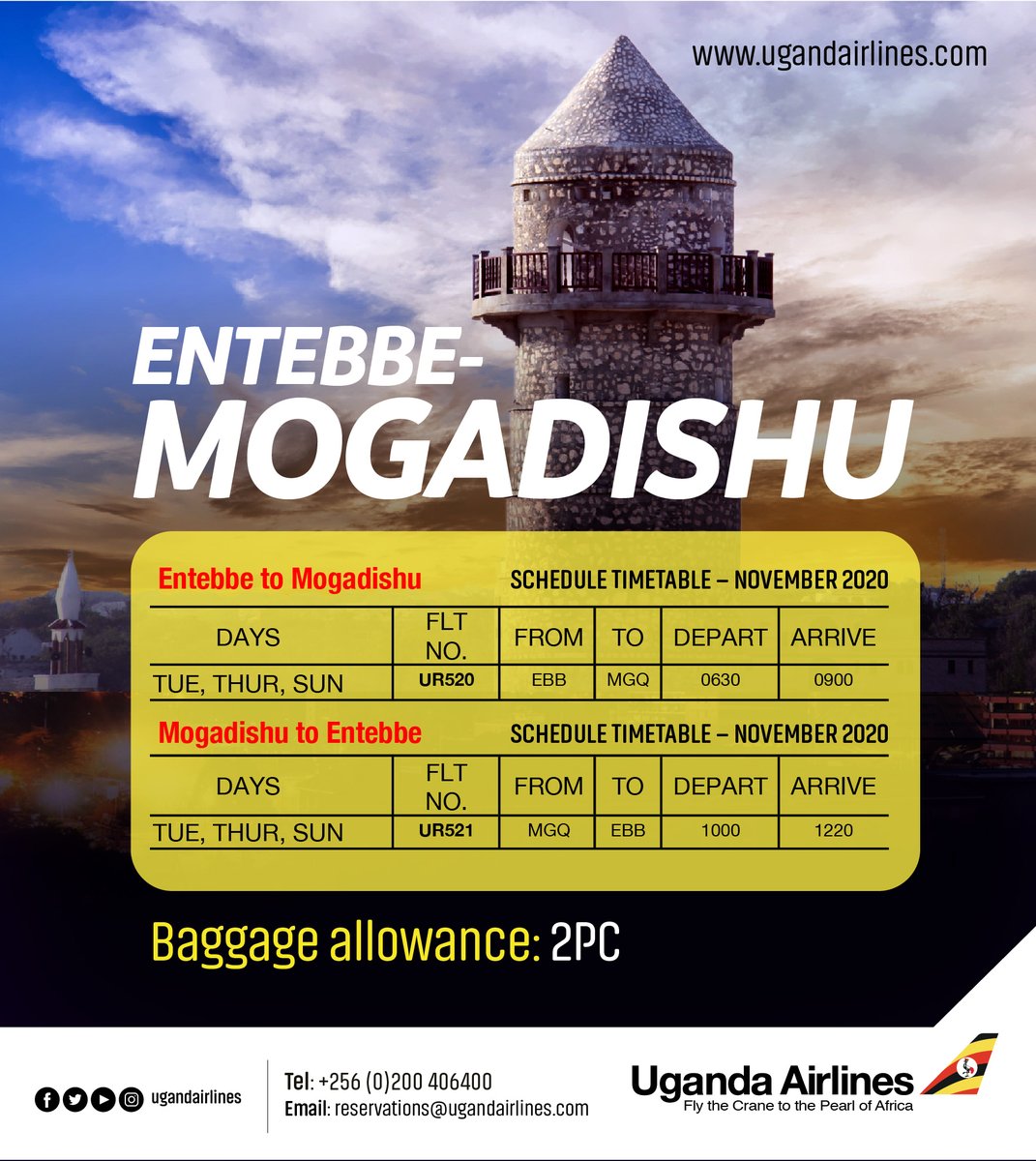 UG_Airlines's tweet photo. Fly with us from Entebbe to Mogadishu and Mogadishu to Entebbe 3 times weekly. Book online: https://t.co/AnHwKQzIH8 or call+256 200 406400; or send an email to reservations@ugandairlines.com https://t.co/6tPRMoMlUr