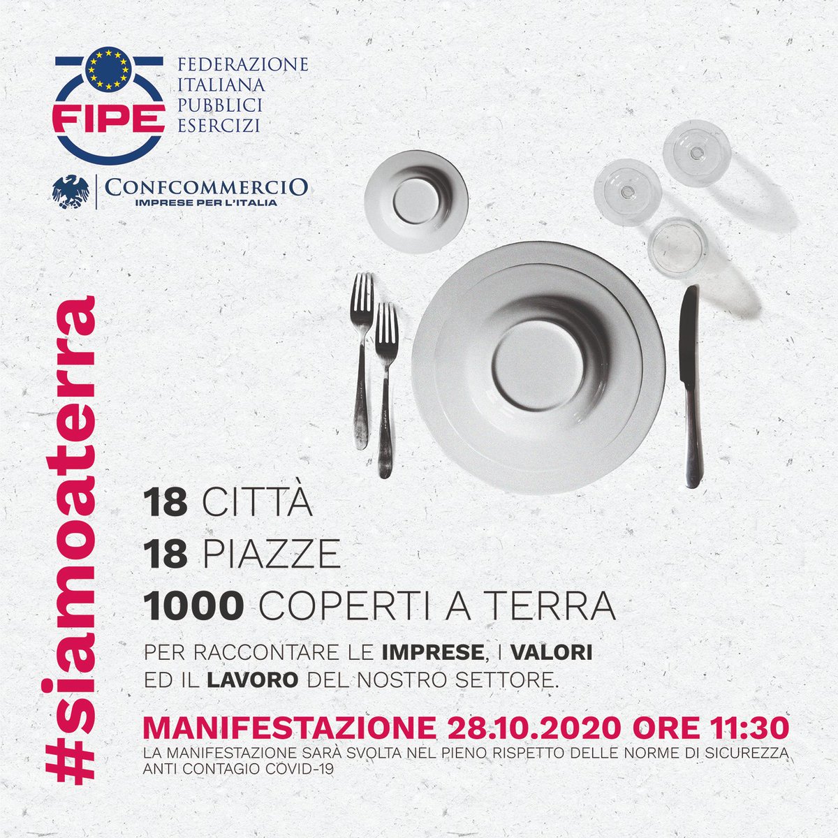 #siamoaterra
🍽 28 ottobre alle ore 11.30 
Ancona – Alessandria – Aosta – Bari – Bergamo – Bologna – Cagliari – Catanzaro – Firenze – Genova -  Mantova – Milano – Napoli – Perugia -  Roma – Siracusa – Torino – Trento – Trieste – Venezia – Verona
per info fipe.it/territorio.html