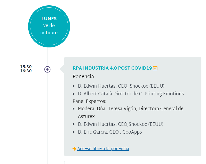 ClusterTICAstur's tweet photo. Hoy a las 15:30, inaguramos el #VIForoVirtualTIC, con interesantes ponencias y panel de expertos, RPA Industria 4.0 post covid19 con @ASTUREXExporta; @GijonImpulsa 

Programa y accesos: https://t.co/voxQyDhfg2 https://t.co/l2TwFWDvD0