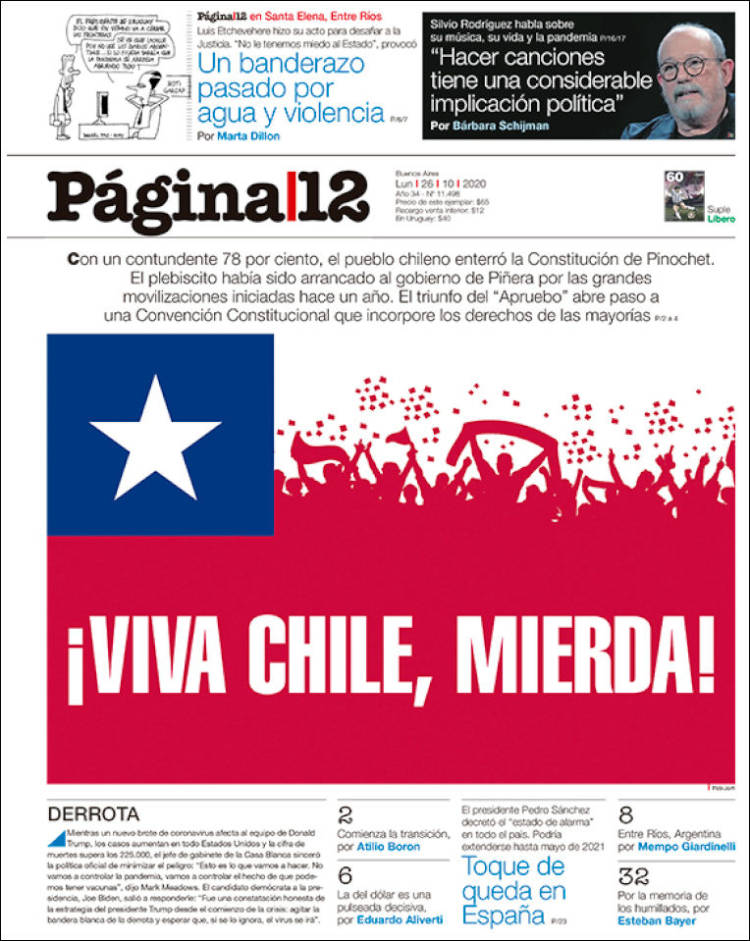 ojodelmedio's tweet photo. La portada más emotiva del día no se publicó en Chile sino que en Buenos Aires. Así amanece hoy Página/12. https://t.co/3wGtZk3wKt